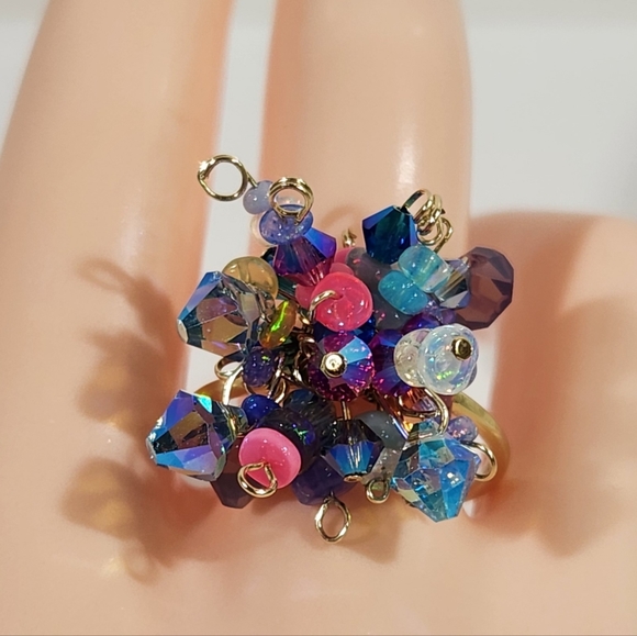 ◇ Genuine Artisan 14KGF With Ethiopian Opals & Swarovski Crystals Cluster Ring - Picture 3 of 15